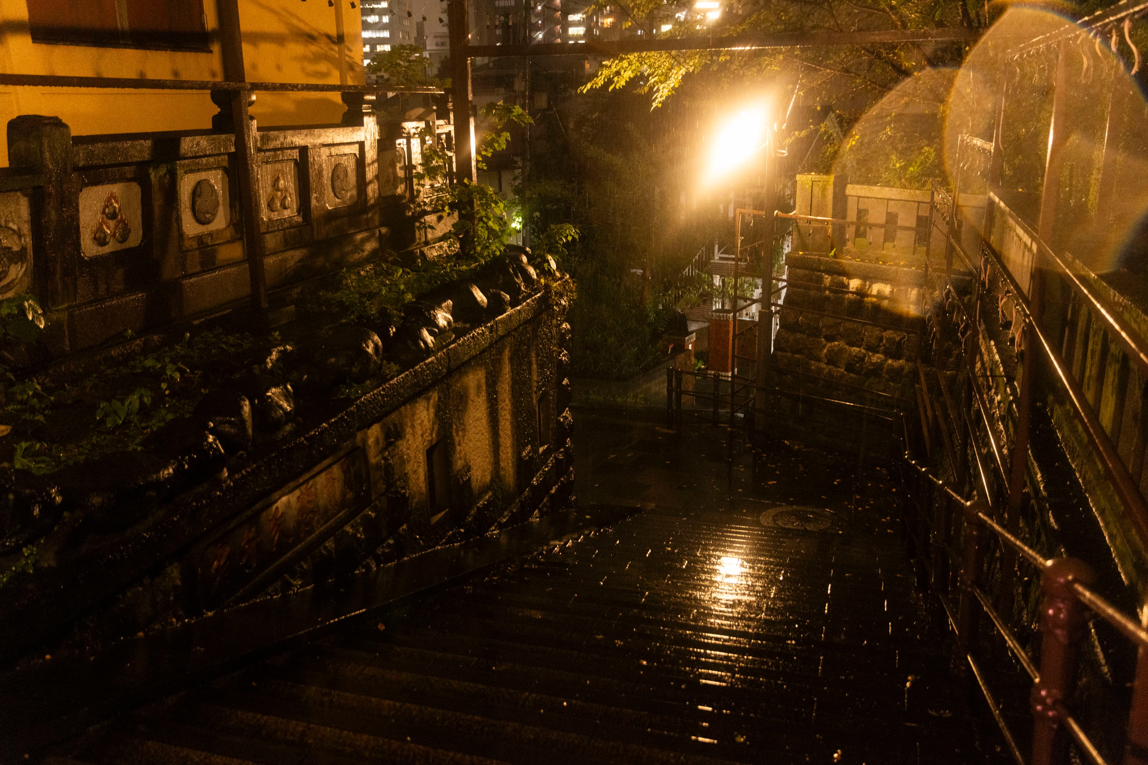A rain-soaked stone stairway glowing under a lone streetlight
